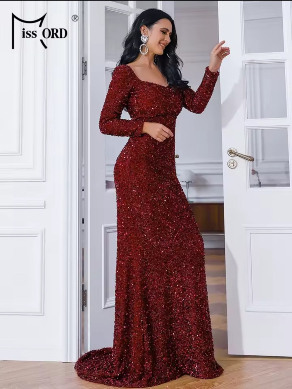 MissORD Red Sequin Long Sleeve Evening Gown